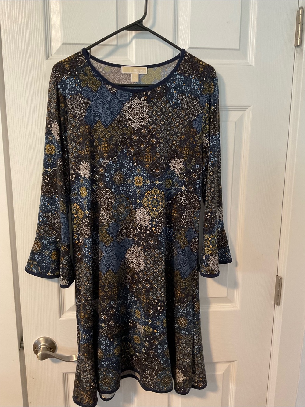Michael Kors Navy and Gold Patterned Long-Sleeve A-Line Dress